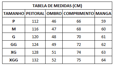 tabela de medidas jaqueta estilo blazer